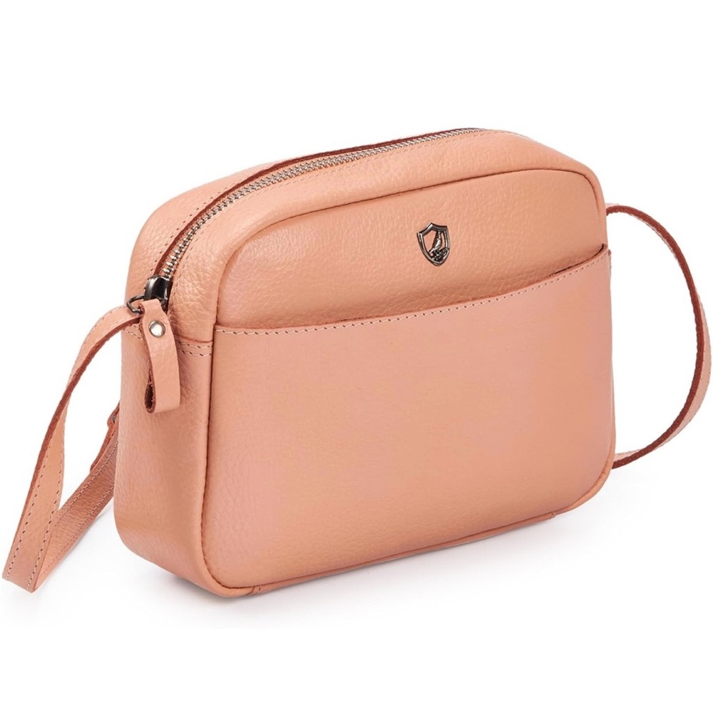 Genuine Soft Pebbled Leather Peach Crossbody Sling Bag with Card Case